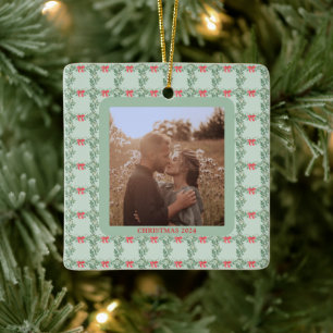 Whimsical Retro   Christmas Pattern with Photo Ceramic Ornament
