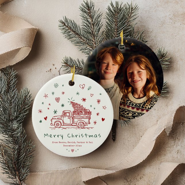 Whimsical Retro Christmas Truck Family Photo Ceramic Ornament (Creator Uploaded)