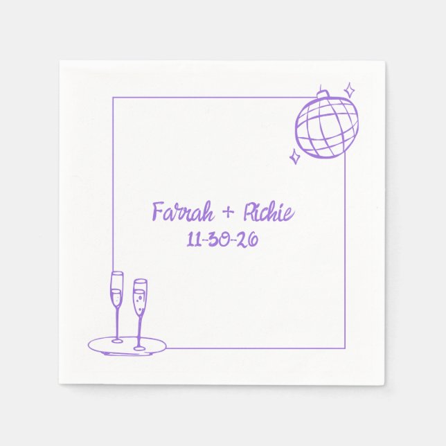 Whimsical Retro Disco Personalised Purple Wedding  Napkin (Front)