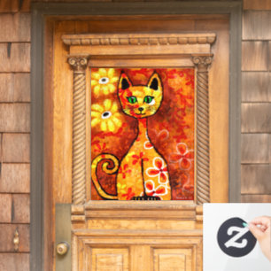 Whimsical Retro Floral Cat Abstract Art Orange Red