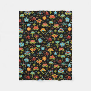 Whimsical Retro Flowers and Birds Fleece Blanket
