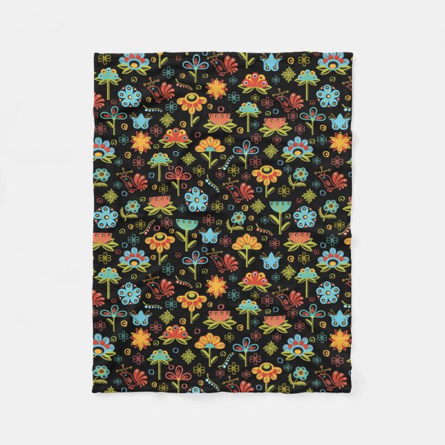Whimsical Retro Flowers and Birds Fleece Blanket (Front)