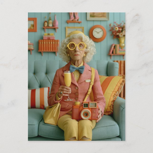 Whimsical Retro Grandma with Camera Postcard (Front)