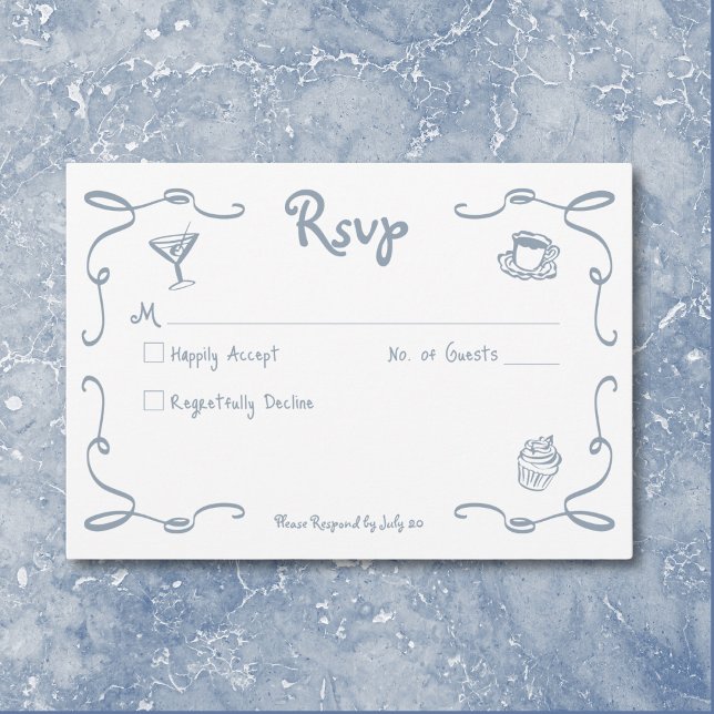 Whimsical Retro Hand Drawn Dusty Blue Wedding RSVP Card (Whimsical Retro Hand Drawn Dusty Blue Wedding RSVP Card)