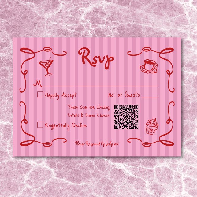 Whimsical Retro Hand Drawn Pink Red Stripe Wedding RSVP Card (Whimsical Retro Hand Drawn Pink Red Stripe Wedding RSVP Card)