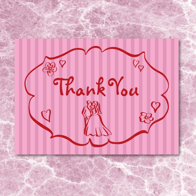 Whimsical Retro Hand Drawn Pink Red Stripe Wedding Thank You Card (Whimsical Retro Hand Drawn Pink Red Stripe Wedding Thank You Card)