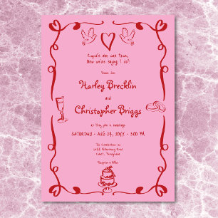 Whimsical Retro Hand Drawn Pink Red Wedding Invitation