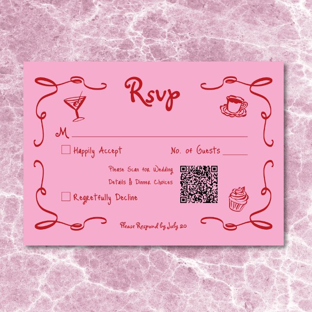 Whimsical Retro Hand Drawn Pink Red Wedding QR RSVP Card (Whimsical Retro Hand Drawn Pink Red Wedding QR RSVP Card)
