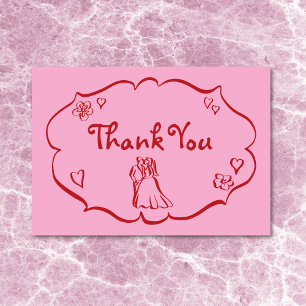 Whimsical Retro Hand Drawn Pink Red Wedding Thank You Card