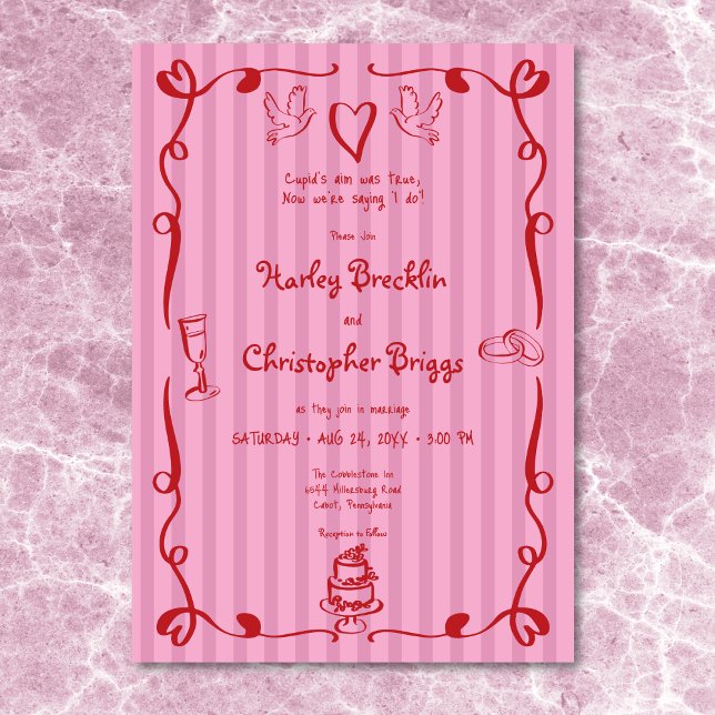 Whimsical Retro Hand Drawn Stripe Pink Red Wedding Invitation (Whimsical Retro Hand Drawn Stripe Pink Red Wedding Invitation)