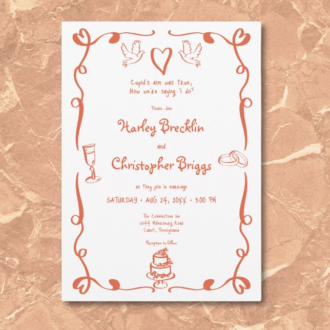 Whimsical Retro Hand Drawn Sunset Orange Wedding Invitation (Whimsical Retro Hand Drawn Sunset Orange Wedding Invitation)