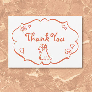 Whimsical Retro Hand Drawn Sunset Orange Wedding Thank You Card