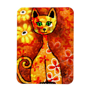 Whimsical Retro Kitty Cat Abstract Art Orange Magnet