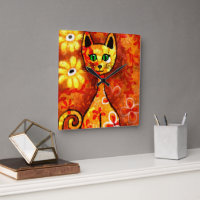 Whimsical Retro Kitty Cat Abstract Art Orange
