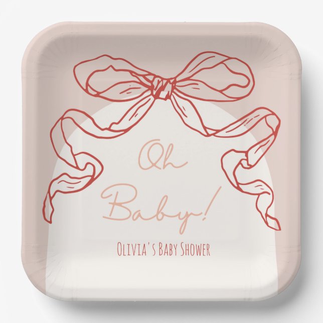 Whimsical Retro Orange Hand Drawn Bow Baby Shower Paper Plate (Front)
