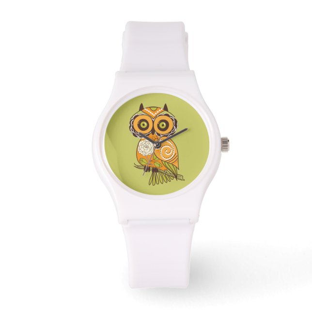 Whimsical Retro Pattern Green Owl Watch (Front)