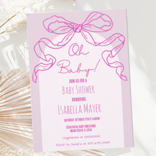 Whimsical Retro Pink Hand Drawn Bow Baby Shower Invitation