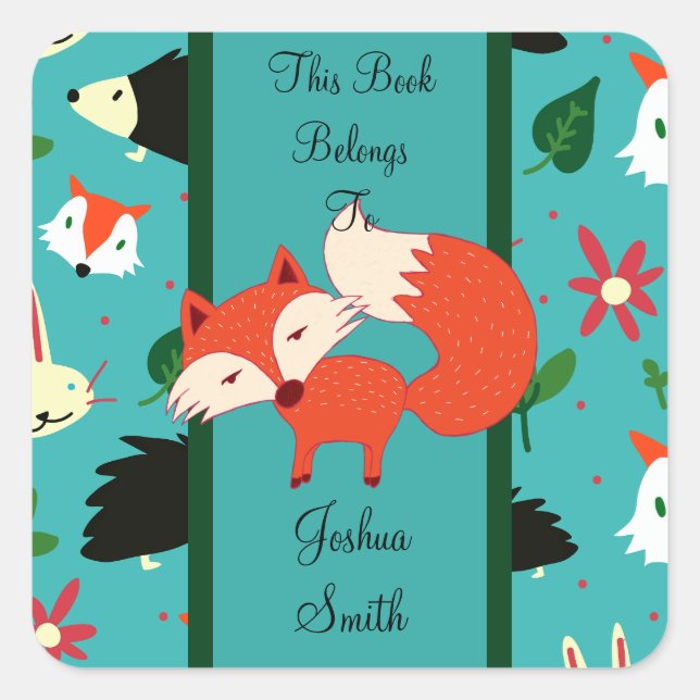Whimsical Retro Red Fox Design Bookplate/Sticker Square Sticker (Front)