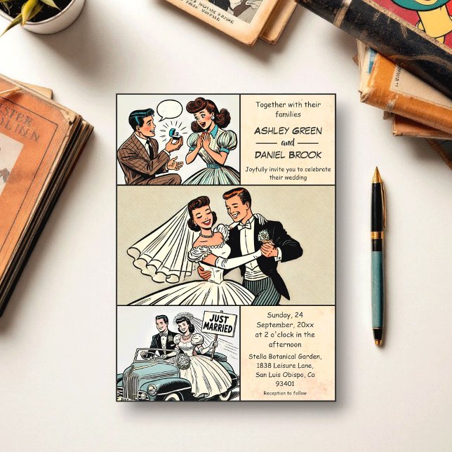 Whimsical Retro Romantic Bride Groom Comic Wedding Acrylic Invitations (Creator Uploaded)