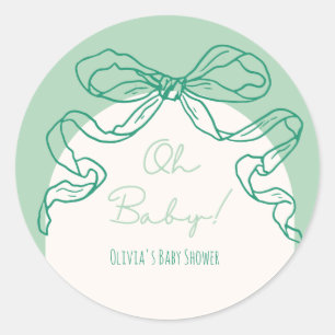 Whimsical Retro Sage Hand Drawn Bow Baby Shower Classic Round Sticker