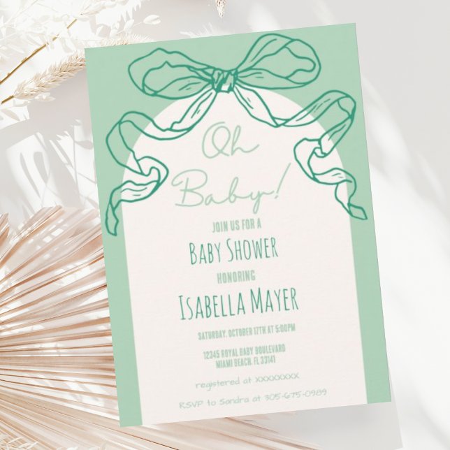 Whimsical Retro Sage Hand Drawn Bow Baby Shower Invitation (Creator Uploaded)