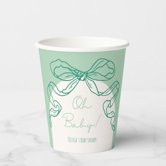 Whimsical Retro Sage Hand Drawn Bow Baby Shower Paper Cups (Front)