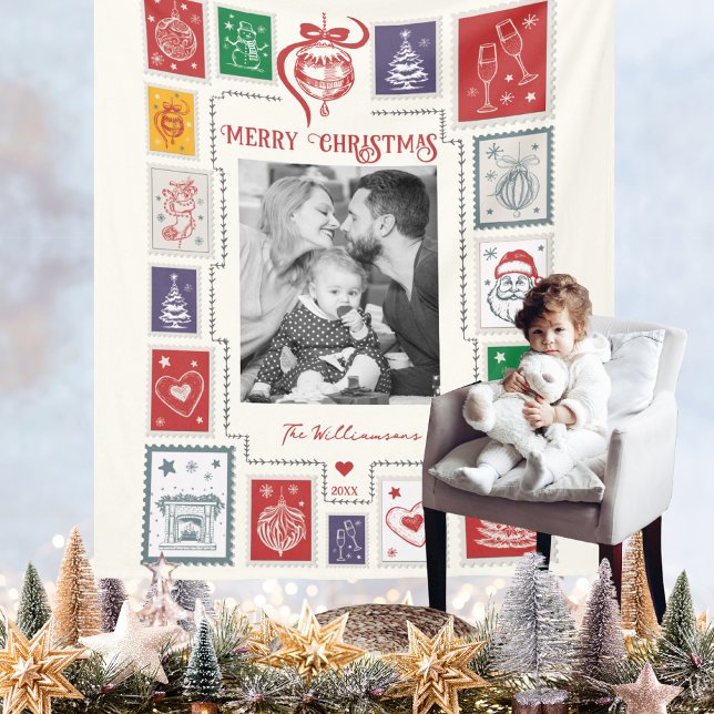 Whimsical Retro Stamp Christmas Illustration Photo Fleece Blanket (Whimsical Retro Stamp Christmas Photo Fleece Blanket Holiday Season Gift Decor Baby's Room Nursery)