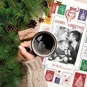 Whimsical Retro Stamp Christmas Illustration Photo Tea Towel