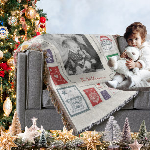 Whimsical Retro Stamp Christmas Illustration Photo Throw Blanket