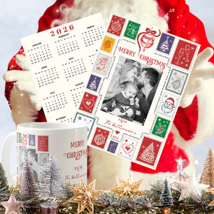 Whimsical Retro Stamp Holiday Photo 2026 Calendar Card