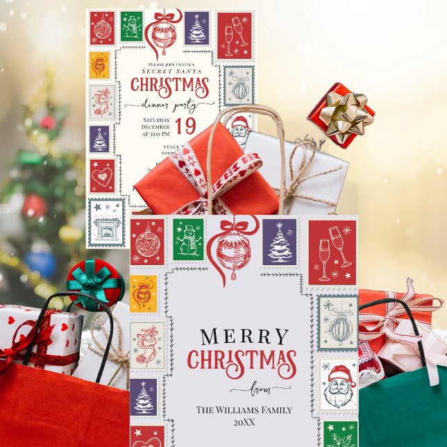 Whimsical Retro Stamps Christmas Doodles Medium Gift Bag (Whimsical Retro Stamps Christmas Doodles Holiday Season White Elephant Secret Santa Party Gift Bag)