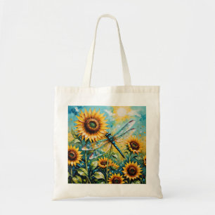 Whimsical Retro Sunflower and Dragonfly  Tote Bag