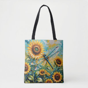 Whimsical Retro Sunflower and Dragonfly  Tote Bag