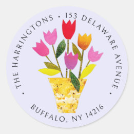 Whimsical Retro Tulips Lavender Return Address Classic Round Sticker