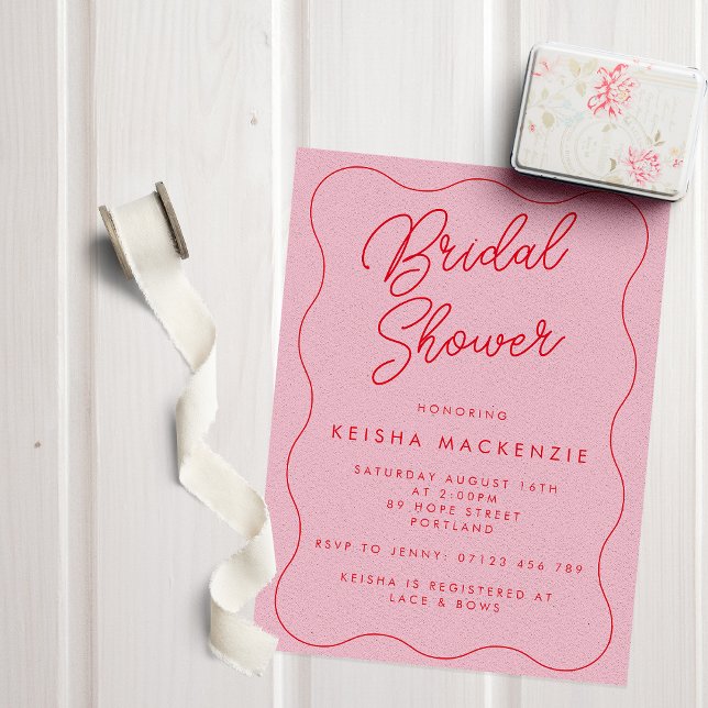 Whimsical Retro Wave Red & Pink Bridal Shower Invitation (Creator Uploaded)