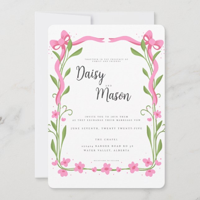 Whimsical Ribbon Floral Wedding Invitation (Front)