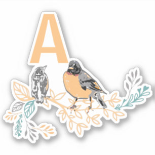 Whimsical Robin Bird Mama Baby Flowers Monogram