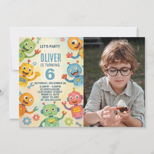 Whimsical Robot Birthday Invitation for Kids (Front)