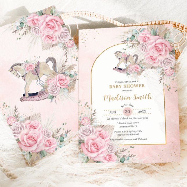 Whimsical Rocking Horse Pampas Grass Pink Floral Invitation (Creator Uploaded)