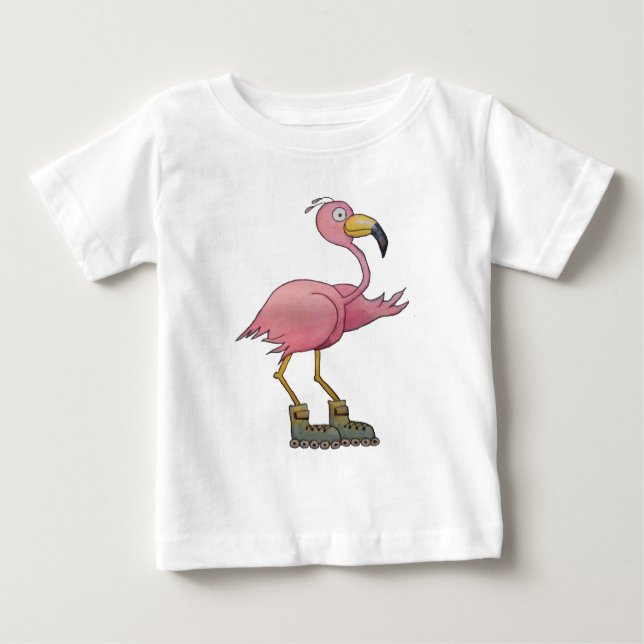 Whimsical Roller Skating Roller Blading Flamingo Baby T-Shirt (Front)