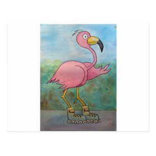 Whimsical Roller Skating Roller Blading Flamingo Postcard