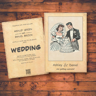 Whimsical Romantic Bride Groom 50s Comic Wedding Invitation