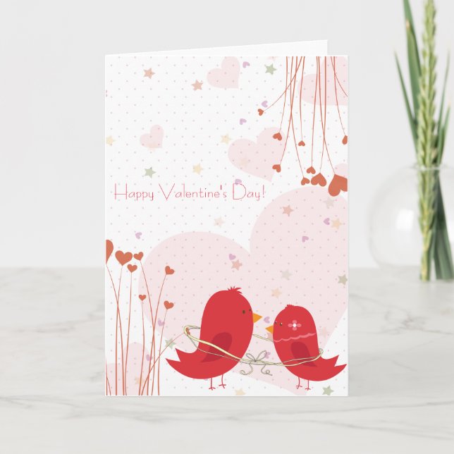 Whimsical Romantic Red Birds Happy Valentine's Day Holiday Card (Front)