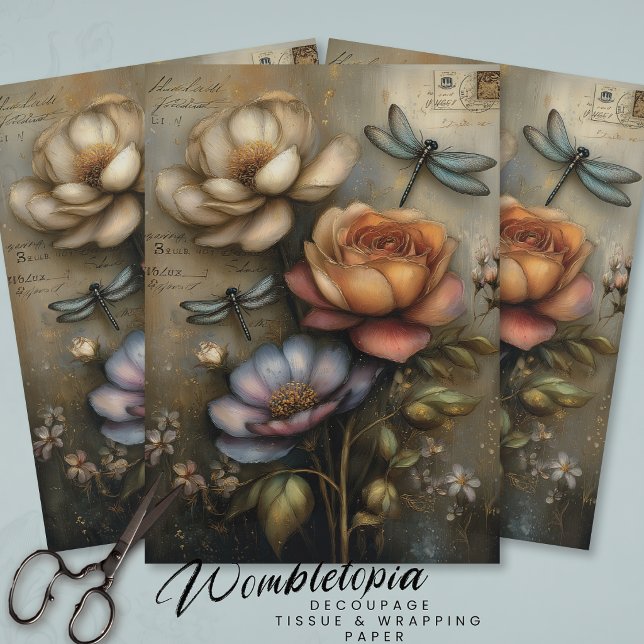 Whimsical Rose & Dragonfly Ephemera Decoupage  Tissue Paper (Creator Uploaded)