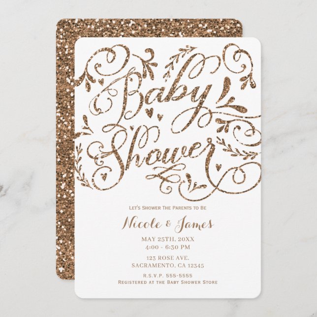 Whimsical Rose Gold Glitter Lettering Baby Shower Invitation (Front/Back)