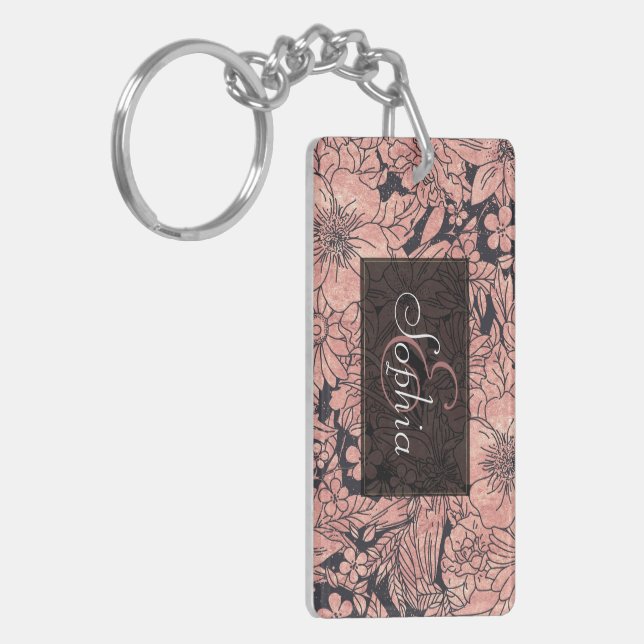 Whimsical rose gold hand drawn floral image key ring (Front Left)
