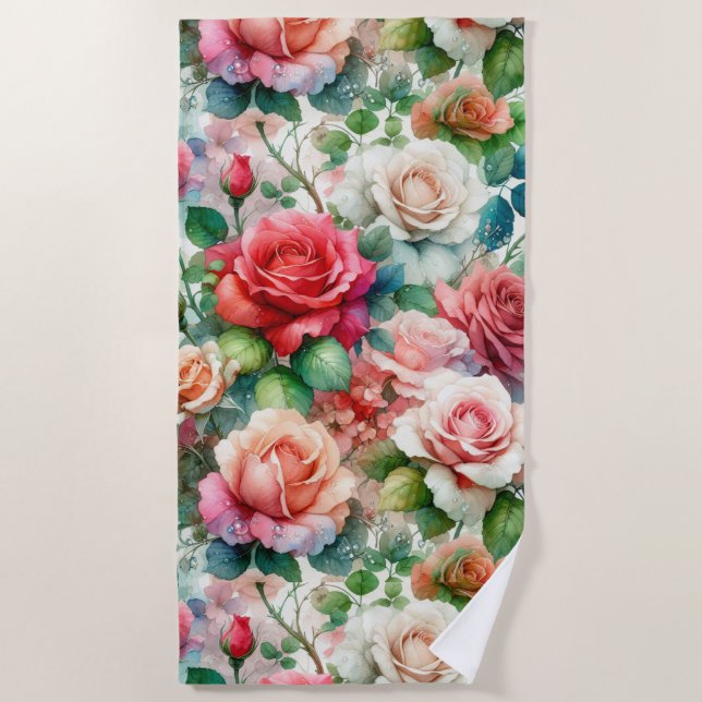 Whimsical Rose Pattern Beach Towel (Front)