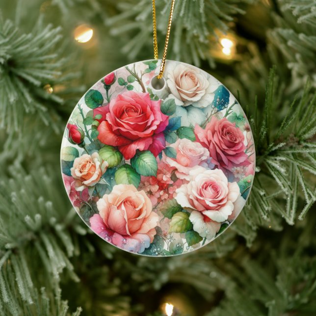 Whimsical Rose Pattern Ceramic Ornament (Tree)