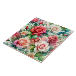 Whimsical Rose Pattern Ceramic Tile