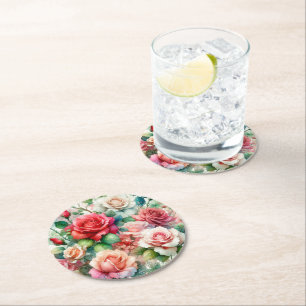 Whimsical Rose Pattern Round Paper Coaster